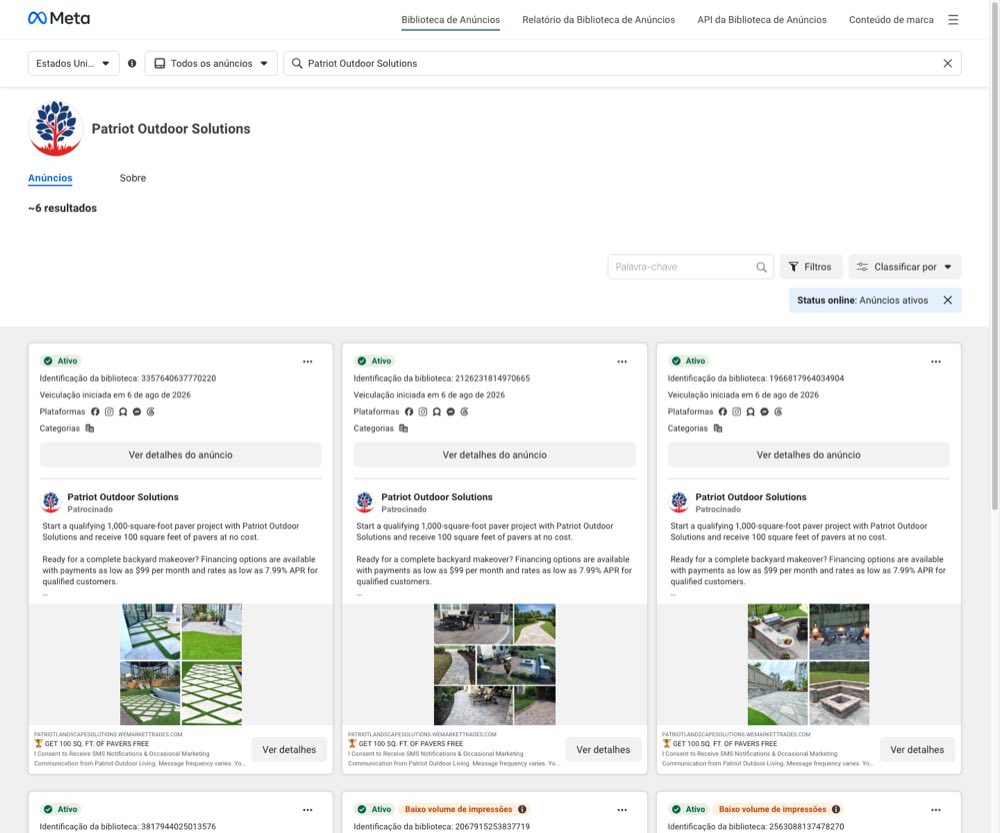 Biblioteca de Anuncios da Meta mostrando 6 anuncios ativos da Patriot Outdoor Solutions