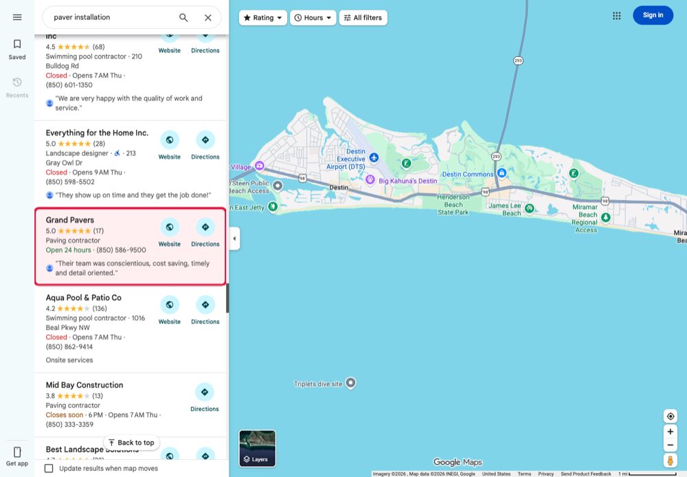 Busca por paver installation no Google Maps em Destin com o card da Grand Pavers destacado