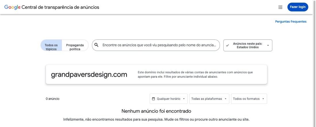 Central de Transparencia do Google mostrando zero anuncios para grandpaversdesign.com